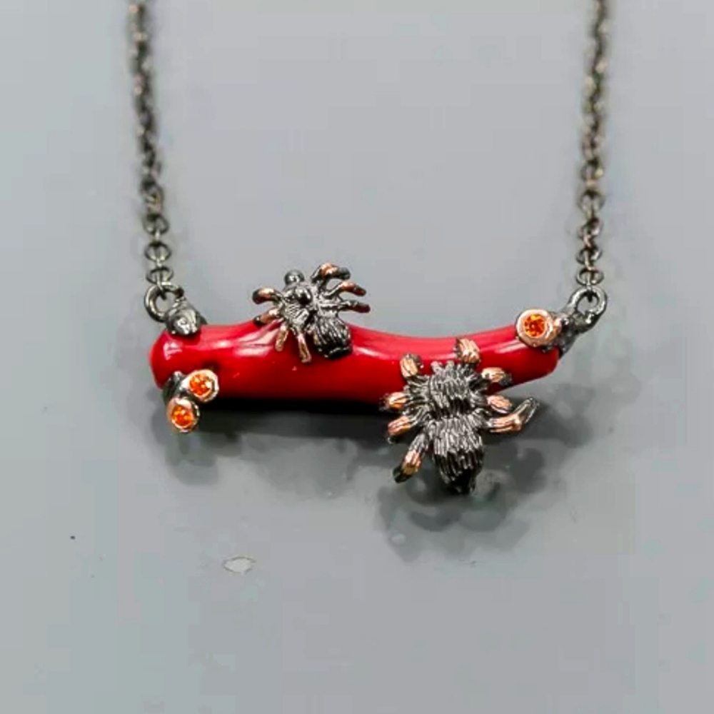 Fun Coral & Ruby Sterling & Rhodium Necklace - Picture 1 of 3